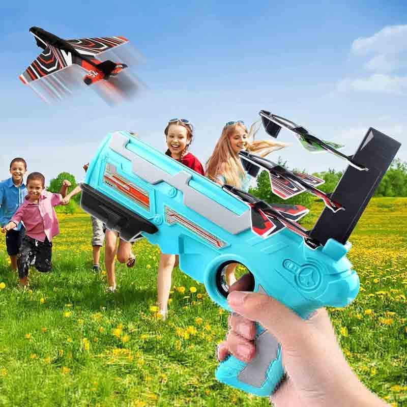 Airplane Launcher Flying Plane Toy Gun Aircraft Battle Flying Gun Auto Launcher Toy Gun with Foam Glider Planes Bubble Catapult Airplanes Kit Outdoor Game Toys for Kids Boys & Girls