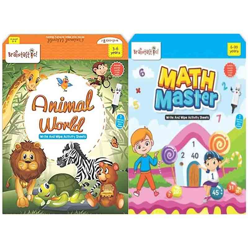 Braintastic Educational Game/Toys: Combo of Animal World & Math Master Write & Wipe Reusable Activity Sheets with Free Puzzle for Kids 5+ Years Age