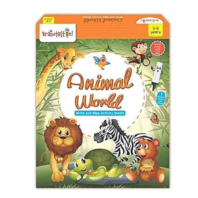 Braintastic Educational Game/Toys: Combo of Brain Booster & Animal World Write & Wipe Reusable Activity Sheets with Free Puzzle for Kids 5+ Years Age