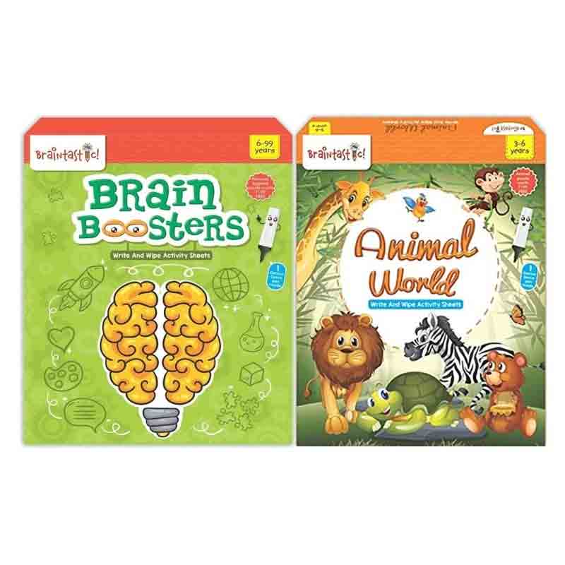 Braintastic Educational Game/Toys: Combo of Brain Booster & Animal World Write & Wipe Reusable Activity Sheets with Free Puzzle for Kids 5+ Years Age