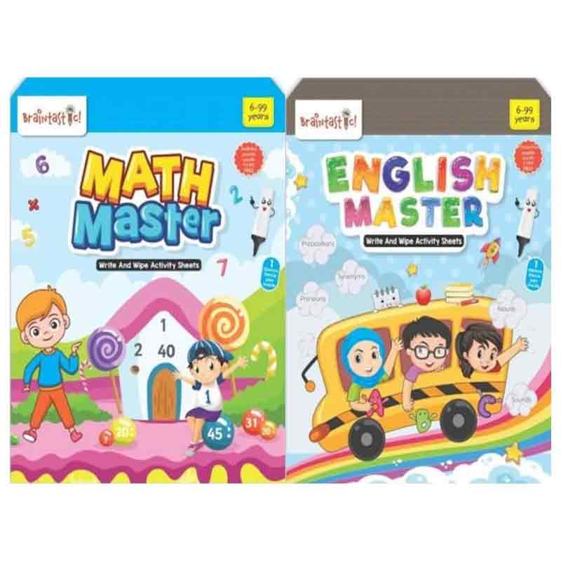 Braintastic Educational Game/Toys: Combo of Math Master and English Master Write & Wipe Reusable Activity Sheets with Free Puzzle for Kids 5+ Years Age (Math Master & English Master)