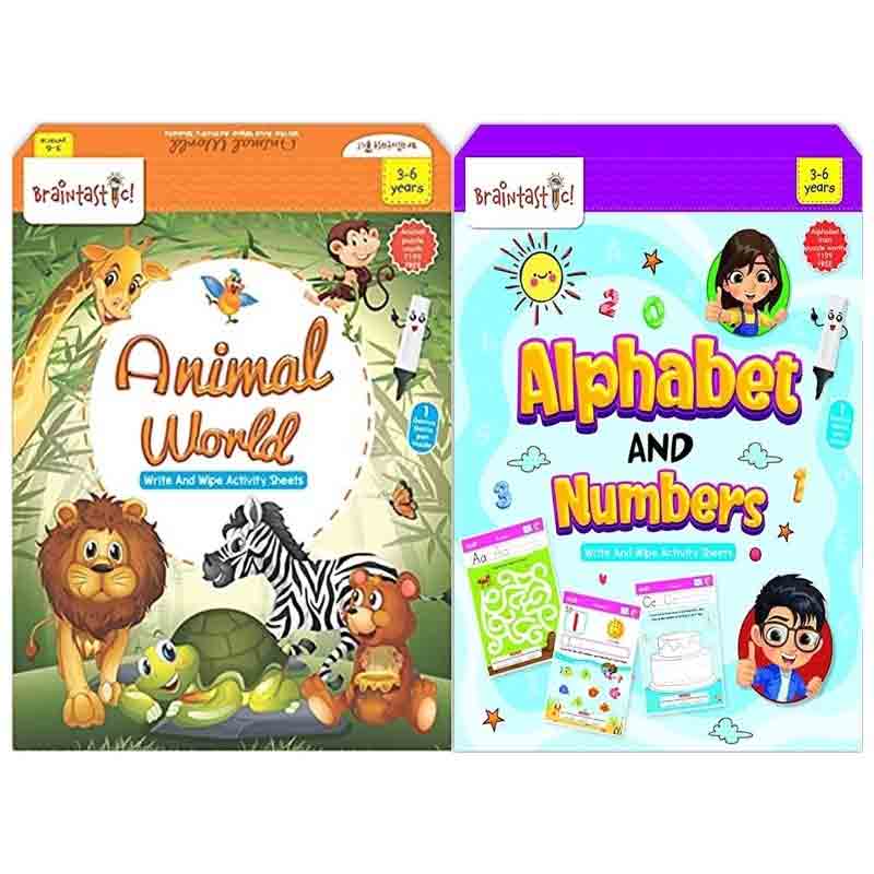 Braintastic Educational Game/Toys: Combo of Animal World & Alphabet and Number  Write & Wipe Reusable Activity Sheets with Free Puzzle for Kids 5+ Years Age