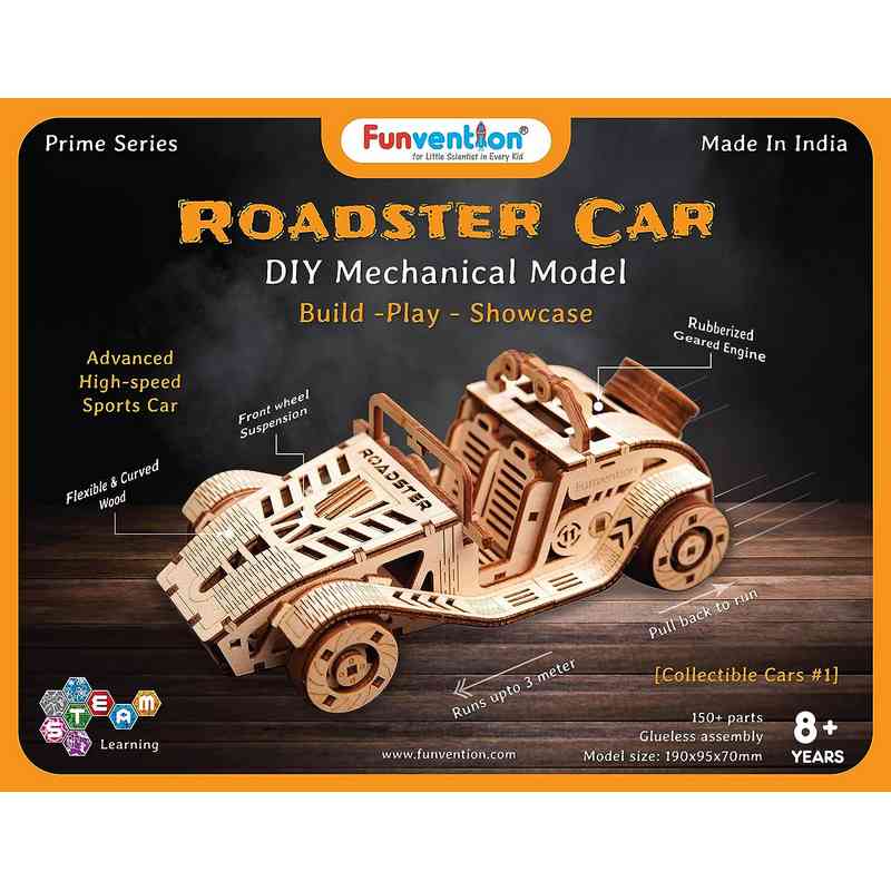 Funvention Kids Roadster Racer Car - DIY Functional Mechanical Model 3D Puzzle STEM Lerning Kit with Working Wheels & Shocks Age 8+ Years