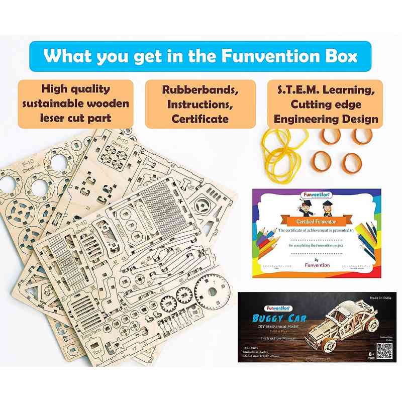 Funvention Buggy Racer Car - DIY Functional Mechanical Model 3D Puzzle with Working Wheels & Shocks for Kids 8-15 Years