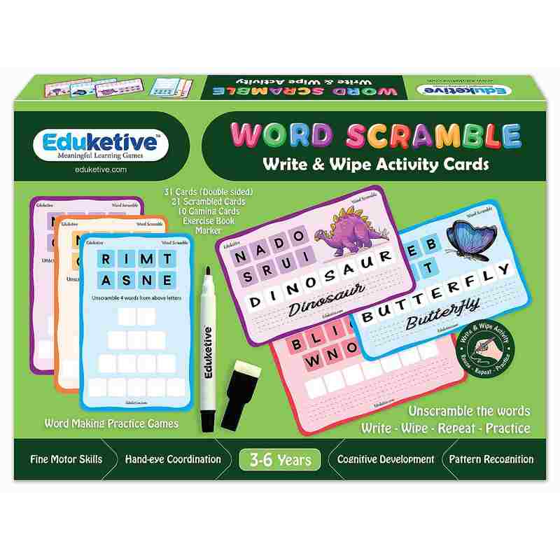 Eduketive Word Scramble Write & Wipe Reusable Activity For Kids 3-9 Years Writing Practice Preschool Learning Educational Game with Exercise Book