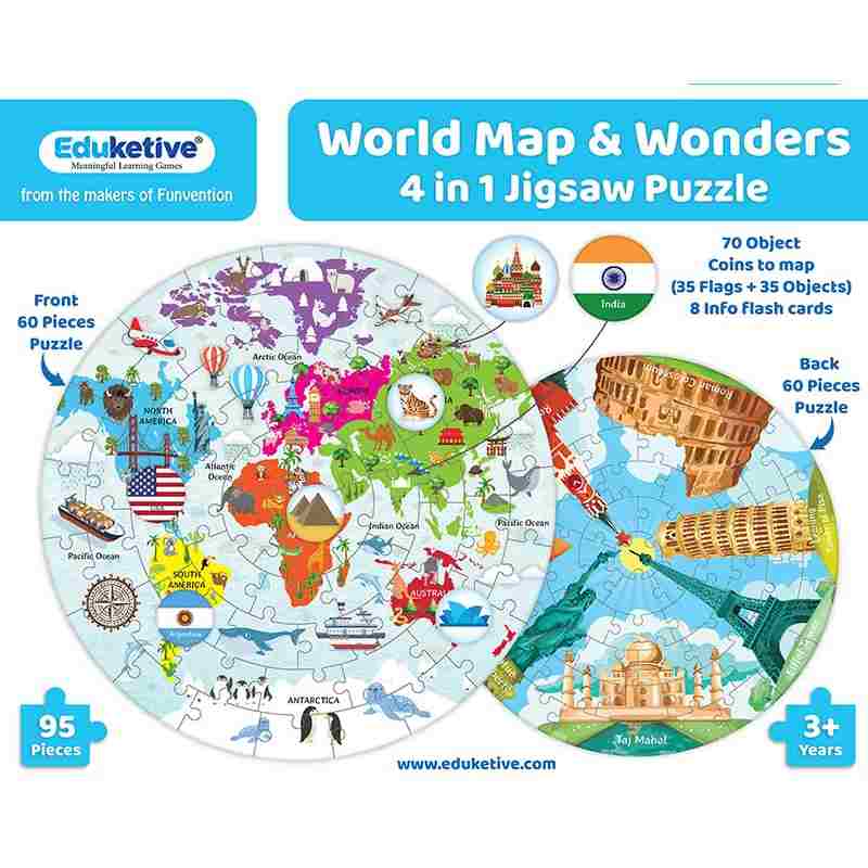 Eduketive World Map & Wonders Around The World - 4 in 1 Puzzle Activity Game - 95 Pieces Educational Jigsaw Puzzle For Kids 4-12 Years