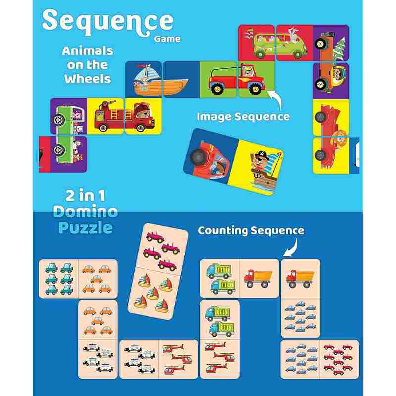 Eduketive Sequence 2 in 1 Puzzle - Animals on The Wheels - Double Sided Educational 30 Pieces Puzzle For Kids Age 3-9 Years