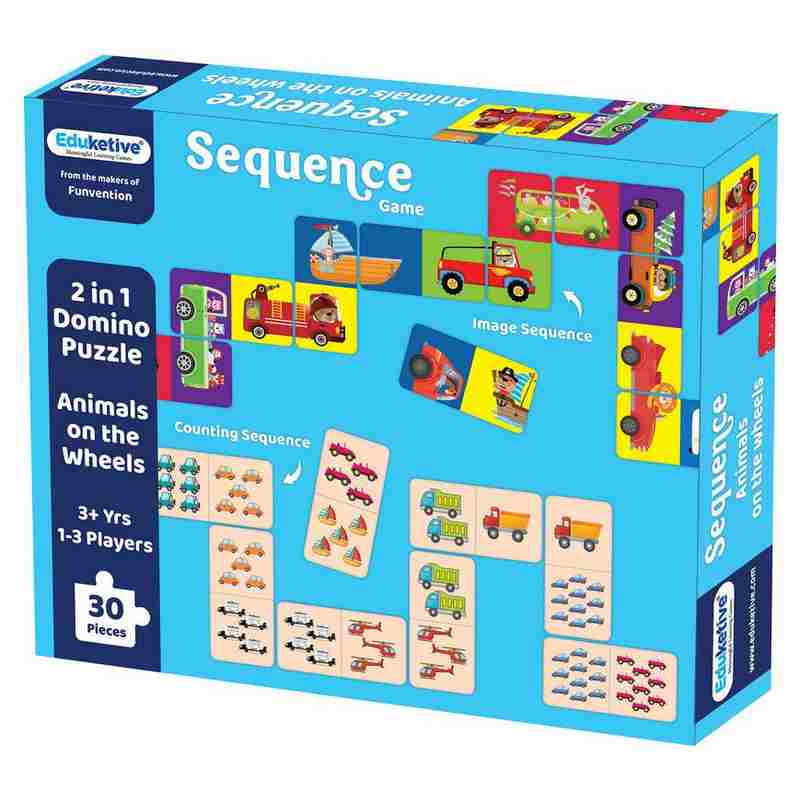 Eduketive Sequence 2 in 1 Puzzle - Animals on The Wheels - Double Sided Educational 30 Pieces Puzzle For Kids Age 3-9 Years