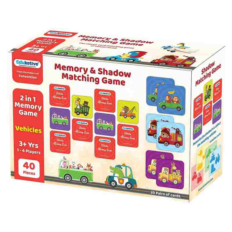 Eduketive Vehicles -2 in1 Memory & Shadow Matching Game - 48 Pieces Concentration Memory Card Game For Kids 3-12 Years