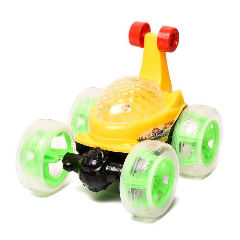 Braintastic Rechargeable Remote Control Jungle Safari RC Acrobatic 360 Degree Spiral Spin Twisting Stunt Car with Colorful Lights & Music Toys for Kids 5-15 Years (Yellow)