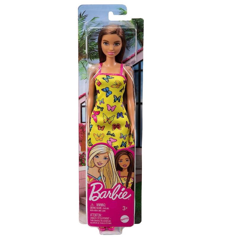 Barbie Doll (11.5 inches) with Colorful Butterfly Logo Print Yellow Dress & Strappy Heels, Great Gift for Ages 3-12 Years Girls