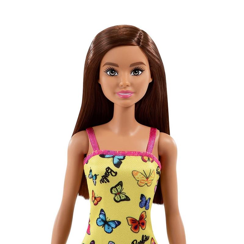 Barbie Doll (11.5 inches) with Colorful Butterfly Logo Print Yellow Dress & Strappy Heels, Great Gift for Ages 3-12 Years Girls