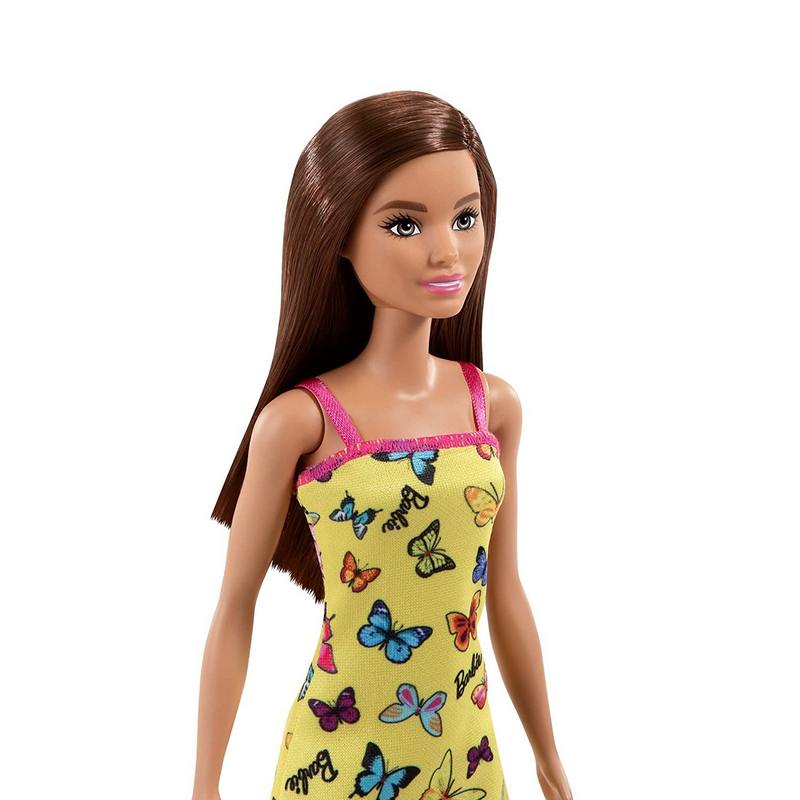 Barbie Doll (11.5 inches) with Colorful Butterfly Logo Print Yellow Dress & Strappy Heels, Great Gift for Ages 3-12 Years Girls