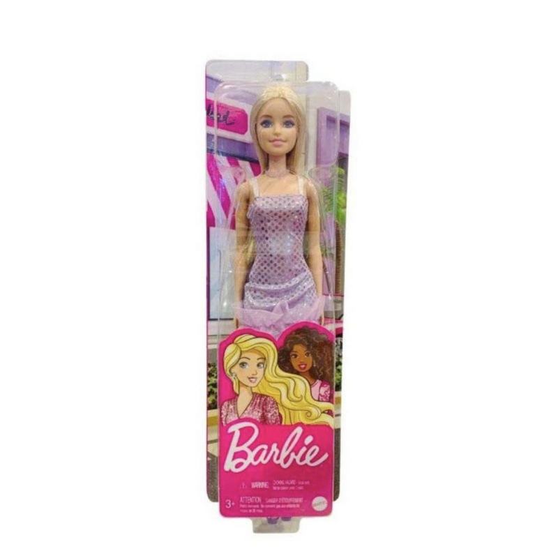 Barbie Doll Kids Toys Blonde Hair  Lavender Metallic Mini Dress Trendy Clothes and Accessories Gifts for 3-12 Years Girls