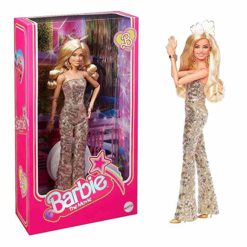 Barbie™ The Movie Doll, Margot Robbie as, Collectible Doll Wearing Gold Disco Jumpsuit with Glossy Curls and Golden Heels for Girls 3-12 Years