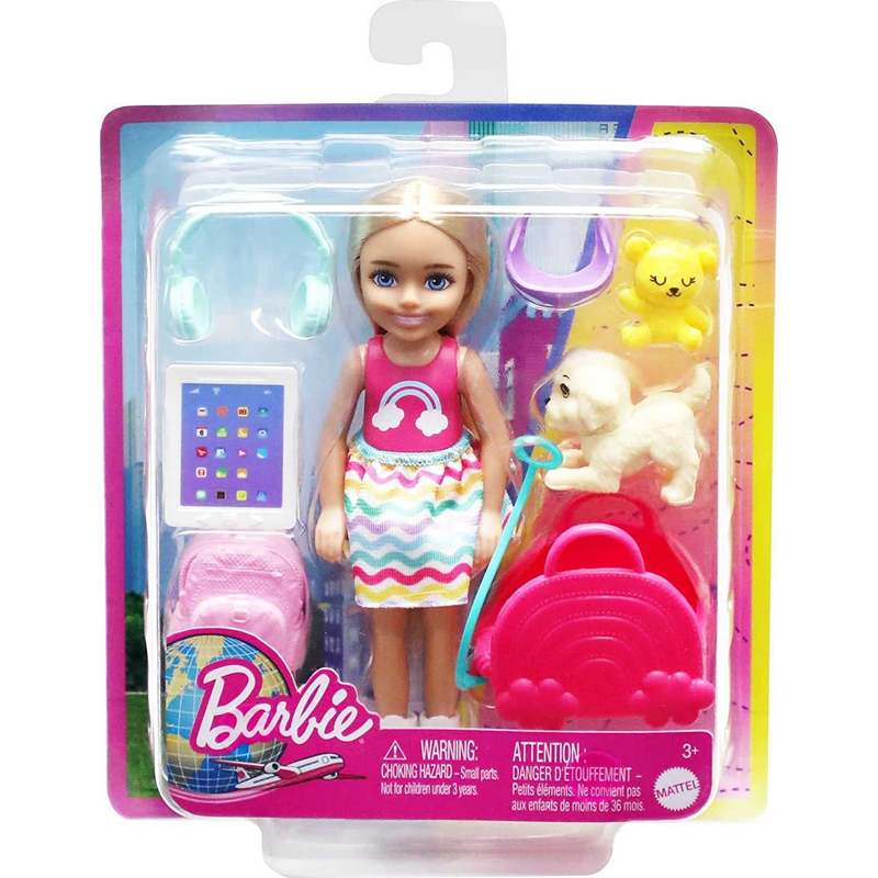 Barbie Toys, Chelsea Doll and Accessories, Travel Set with Puppy and 6 Pieces Including Pet Carrier for kids Girls 3-12 Years