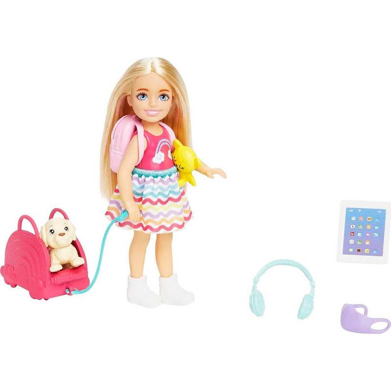 Barbie Toys, Chelsea Doll and Accessories, Travel Set with Puppy and 6 Pieces Including Pet Carrier for kids Girls 3-12 Years