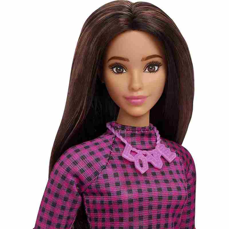 Barbie Fashionistas Doll #188, Curvy, Black Hair, Pink & Black Checkered Dress, Love Necklace, Pink Sneakers, Toy for Kids Girls 3-12 Years