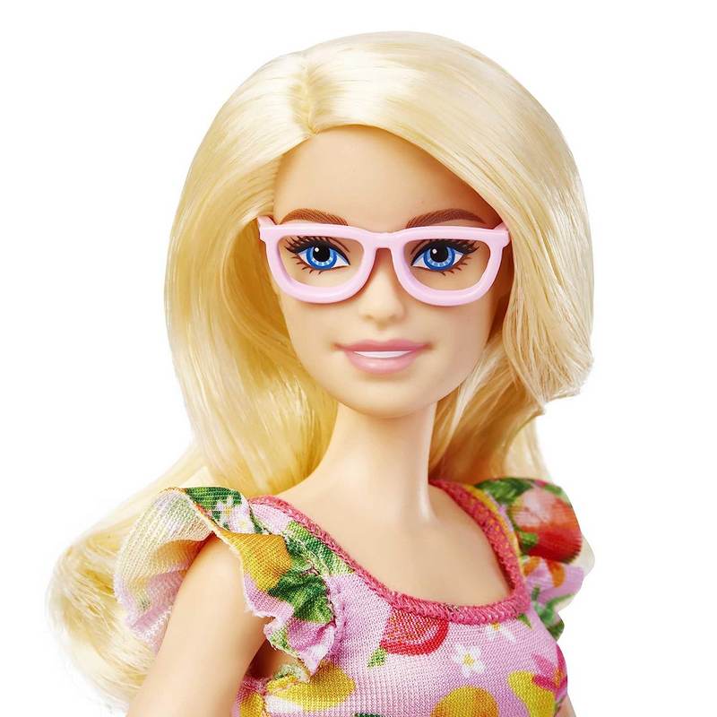 Barbie Fashionistas Doll with Blonde Hair & Fruit Print Dress, Ruffled Sleeves, Orange Platform Heels, Pink Eyeglasses, Toy for Kids Girls 3-12 Years