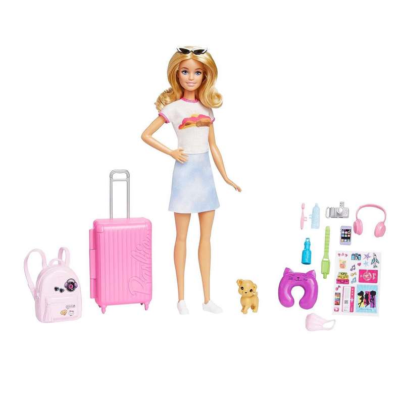 Barbie Doll and Accessories, “Malibu” Travel Set with Puppy and 10+ Pieces Including Working Suitcase? For Kids Girls 3-12 Years