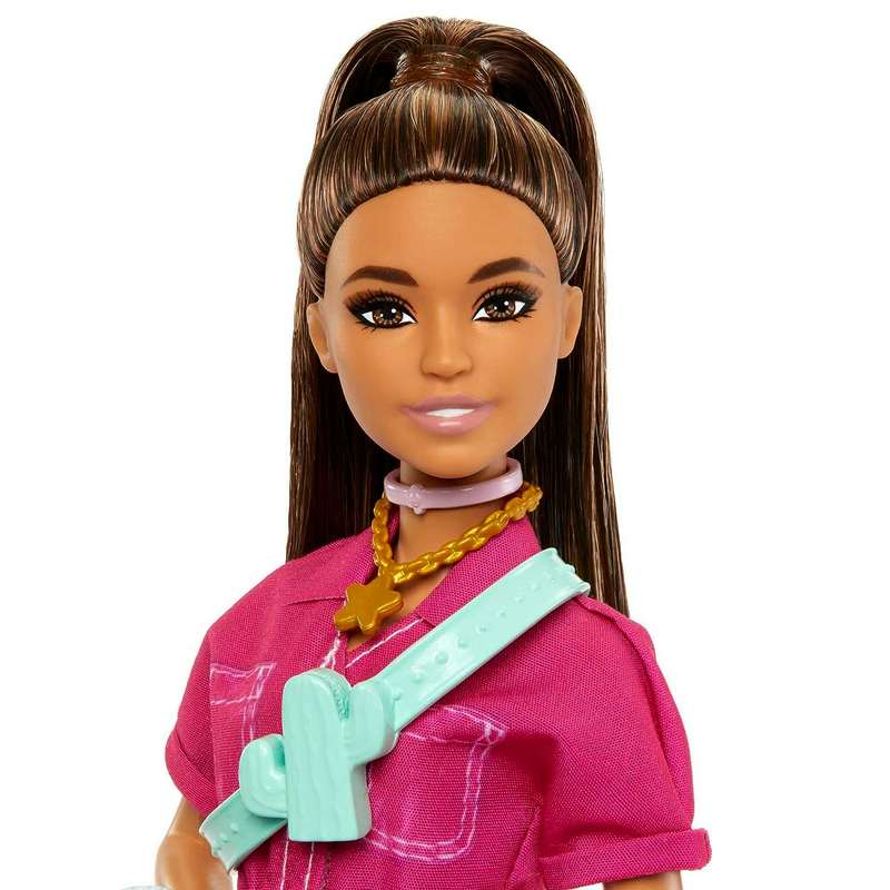 Barbie® Doll in Trendy Pink Jumpsuit with Storytelling Accessories and Pet Puppy, Brown Hair in High Ponytail for Kids Girls 3-12 Years