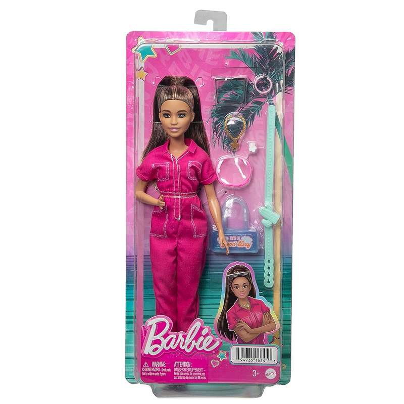 Barbie® Doll in Trendy Pink Jumpsuit with Storytelling Accessories and Pet Puppy, Brown Hair in High Ponytail for Kids Girls 3-12 Years