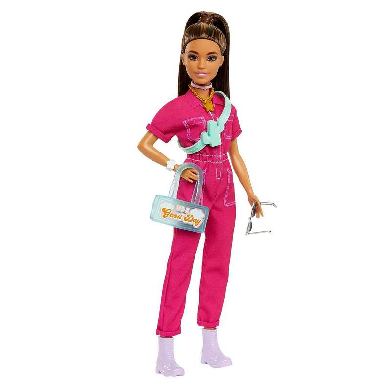 Barbie® Doll in Trendy Pink Jumpsuit with Storytelling Accessories and Pet Puppy, Brown Hair in High Ponytail for Kids Girls 3-12 Years