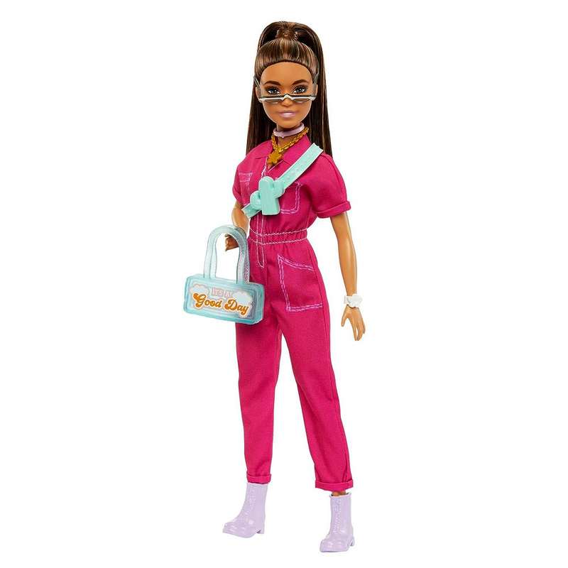 Barbie® Doll in Trendy Pink Jumpsuit with Storytelling Accessories and Pet Puppy, Brown Hair in High Ponytail for Kids Girls 3-12 Years