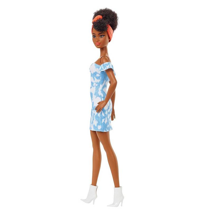 Barbie Fashionistas Doll #185, Black Up-do Hair, Off-Shoulder Bleached Denim Dress, Orange Bandana, White Boots, Toy for Kids Girls 3-12 Years