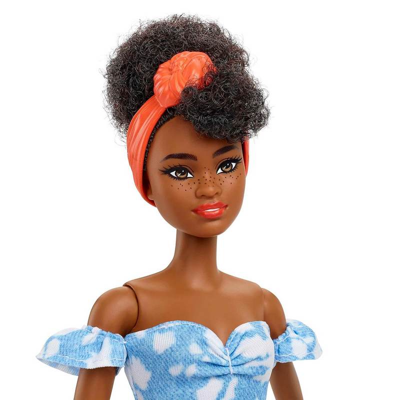 Barbie Fashionistas Doll #185, Black Up-do Hair, Off-Shoulder Bleached Denim Dress, Orange Bandana, White Boots, Toy for Kids Girls 3-12 Years