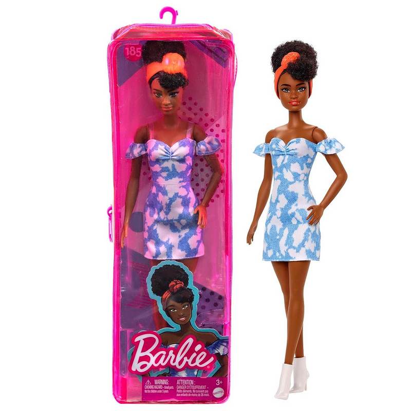 Barbie Fashionistas Doll #185, Black Up-do Hair, Off-Shoulder Bleached Denim Dress, Orange Bandana, White Boots, Toy for Kids Girls 3-12 Years