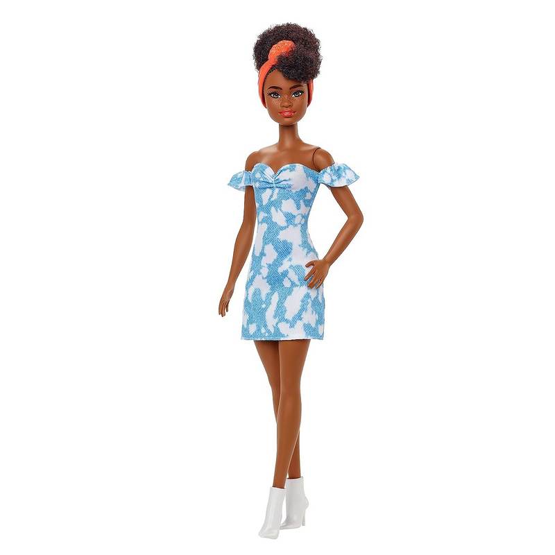 Barbie Fashionistas Doll #185, Black Up-do Hair, Off-Shoulder Bleached Denim Dress, Orange Bandana, White Boots, Toy for Kids Girls 3-12 Years