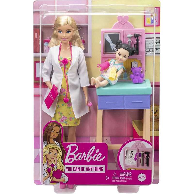 Barbie Pediatrician Playset, Blonde Doll (12-in/30.40-cm), Exam Table, X-ray, Stethoscope, Tool, Clip Board, Patient Doll, Teddy Bear, Great Gift for Kids Girls 3-12 Years