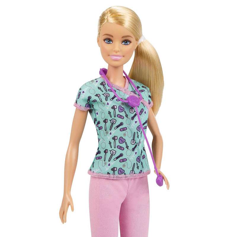 Barbie Nurse Blonde Doll (12-in/30.40-cm) with Scrubs Featuring a Medical Tool Print Top & Pink Pants, White Shoes & Stethoscope Accessory, Great Gift for Kids Girls 3-12 Years