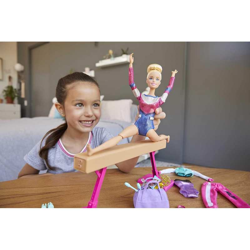 Barbie Gymnastics Playset withDoll,Balance Beam,15+Accessories 2Rings,Spinning Clip,2 Batons,Extraleotard,Awarmup Suit,Extrashoes,Towel,Snacks,Gymbag,Trop for Kids 3-12 Years