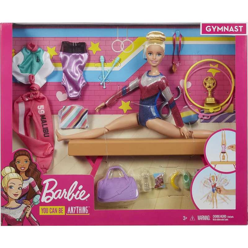 Barbie Gymnastics Playset withDoll,Balance Beam,15+Accessories 2Rings,Spinning Clip,2 Batons,Extraleotard,Awarmup Suit,Extrashoes,Towel,Snacks,Gymbag,Trop for Kids 3-12 Years