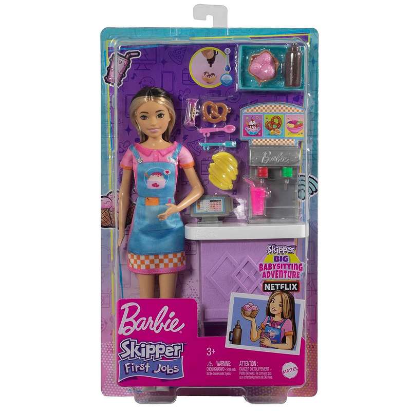 Barbie Toys, Skipper Doll & Snack Bar Playset with Counter, Color-Change Sundae & 8 Additional Accessories, First Jobs For Kids Girls 3-12 Years