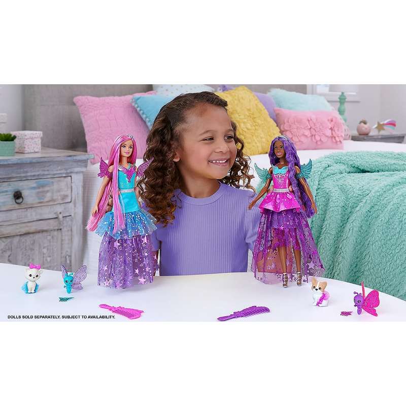 Barbie Doll with Two Fairytale Pets and Wing-Detailed Dress, Brooklyn” Doll from A Touch of Magic™, 7-inch Long Fantasy Hair For kids Girls 3-12 Years