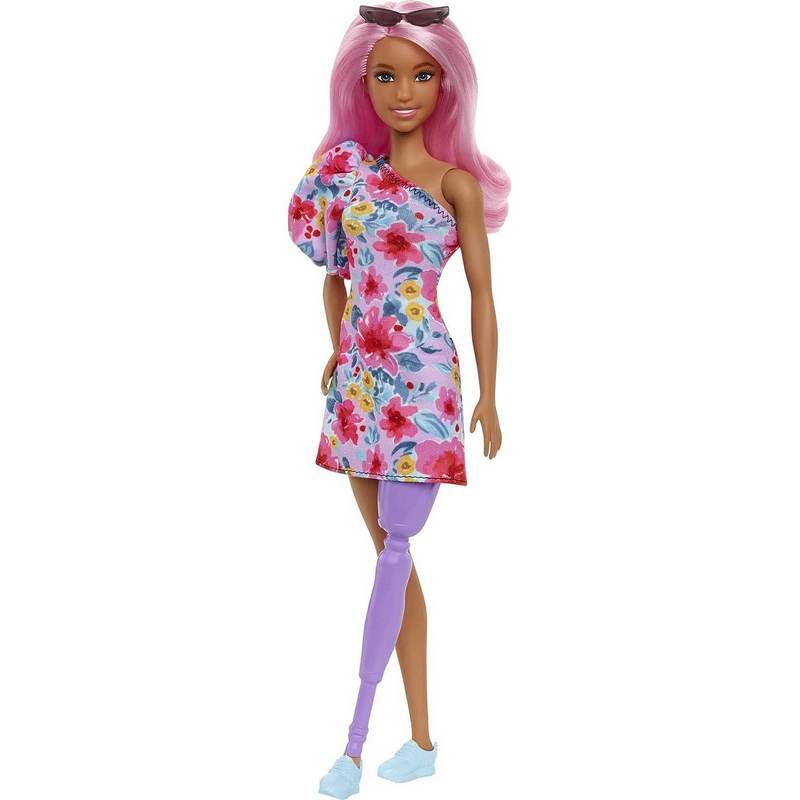 Barbie Fashionistas Doll #189, Pink Hair, Off-Shoulder Floral Dress, Sunglasses, Prosthetic Leg, Sneakers, Toy for Kids Girls 3-12 Years