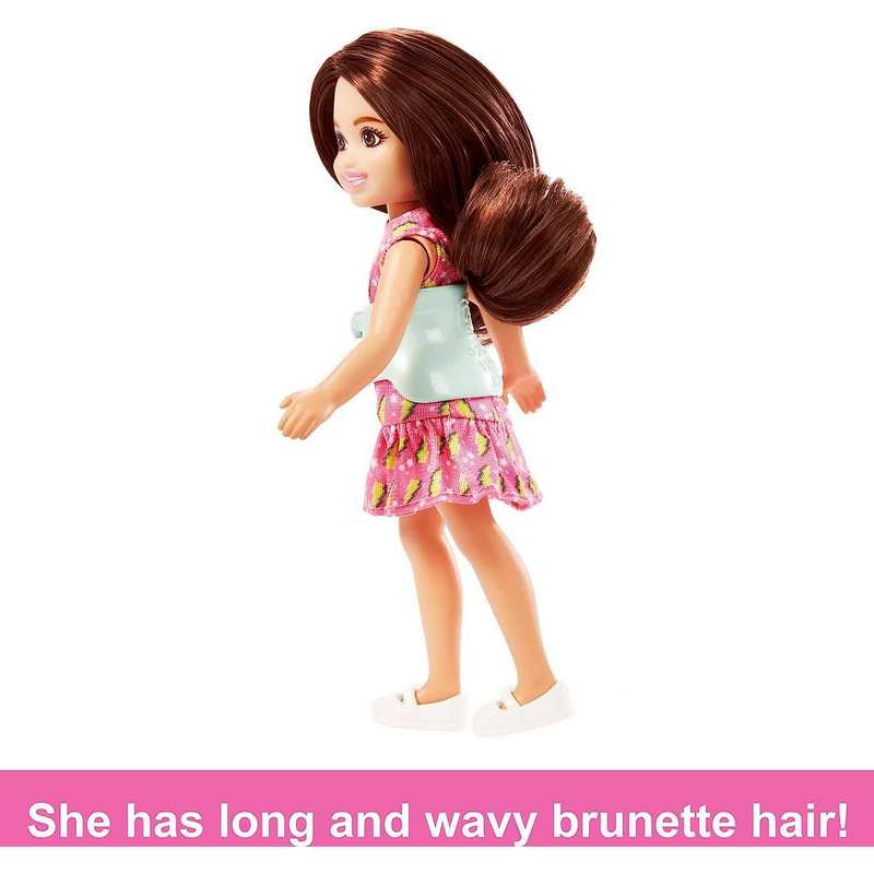 Barbie Toys, Chelsea Doll, 6-Inch Small Doll with Brace for Scoliosis Spine Curvature, Brunette Wearing Pink Lightning Bolt Dress For Kids Girls 3-12 Years