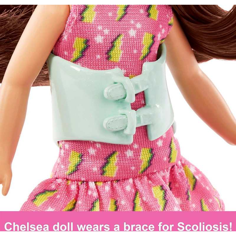 Barbie Toys, Chelsea Doll, 6-Inch Small Doll with Brace for Scoliosis Spine Curvature, Brunette Wearing Pink Lightning Bolt Dress For Kids Girls 3-12 Years