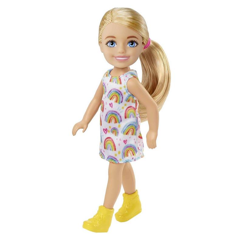 Barbie Chelsea Doll (Blonde) Wearing Rainbow-Print Dress and Yellow Shoes, Toy for Kids Girls 3-12 Years