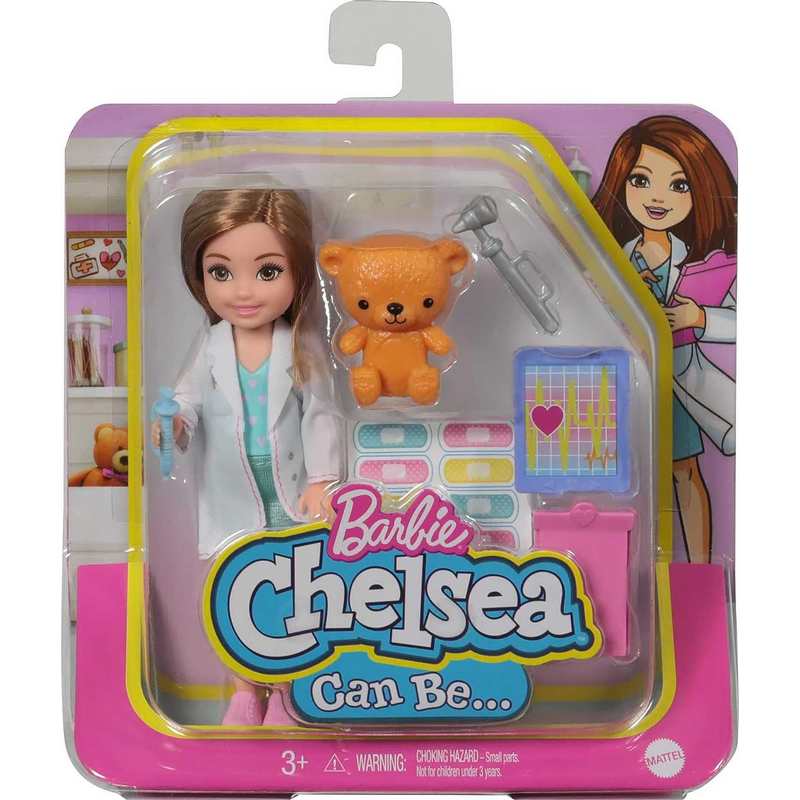 Barbie Chelsea Can Be Playset with Brunette Chelsea Doctor Doll (6-in/15.24-cm), Clipboard, EKG Reader, Band-aid Stickers,2 Medical Tools, Teddy Bear, Great Gift for Kids 3-12 Years