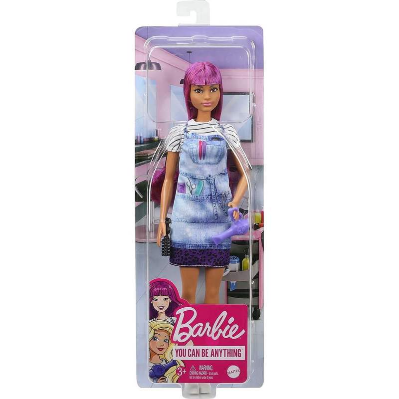 Barbie® Salon Stylist Doll (12-in/30.40-cm) with Purple Hair, Tie-dye Smock, Striped Tee, Blow Dryer & Comb Accessories, Great Gift for Kids Girls 3-12 Years