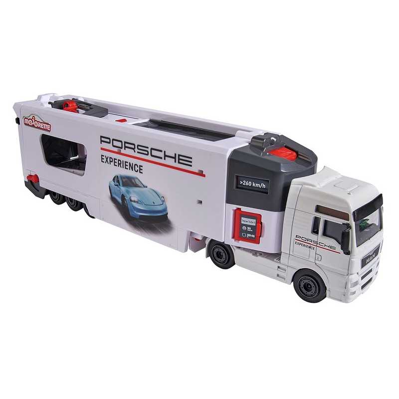 Majorette Man Tgx Truck Porsche Experience Fold-Out Racing Transporter, 27 Cm Long, Includes Porsche Taycan Turbo S And Porsche 911 Gt3 For Kids 3-12 Years