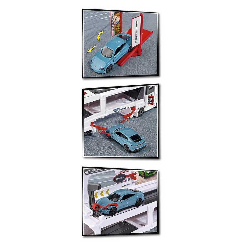 Majorette Man Tgx Truck Porsche Experience Fold-Out Racing Transporter, 27 Cm Long, Includes Porsche Taycan Turbo S And Porsche 911 Gt3 For Kids 3-12 Years