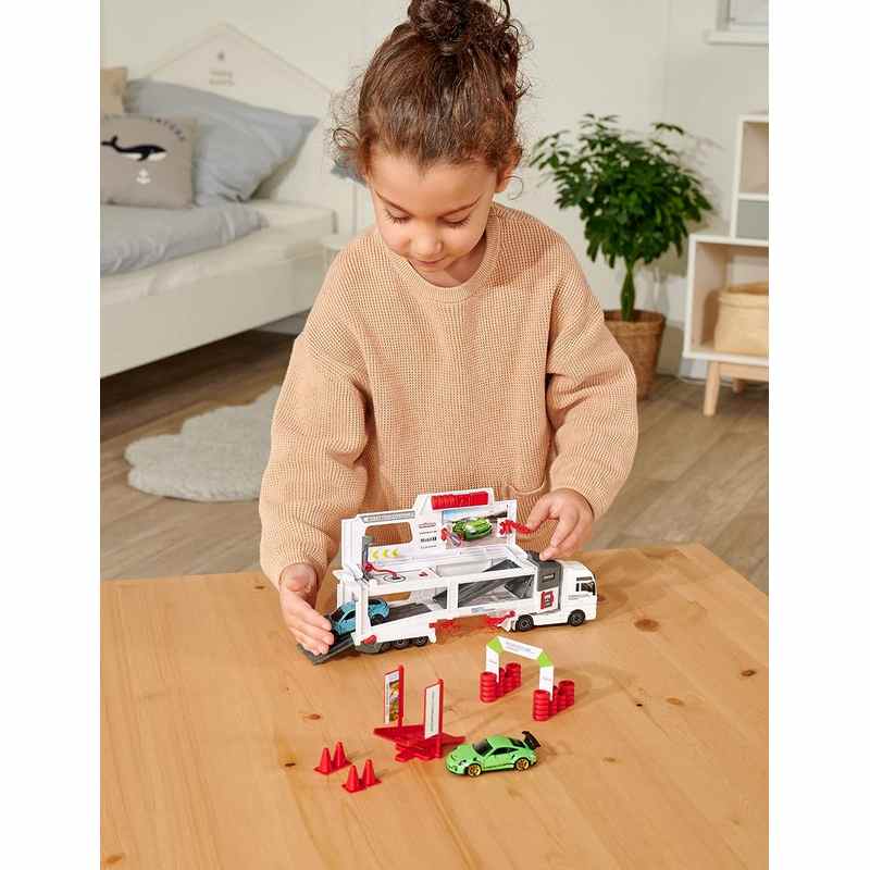 Majorette Man Tgx Truck Porsche Experience Fold-Out Racing Transporter, 27 Cm Long, Includes Porsche Taycan Turbo S And Porsche 911 Gt3 For Kids 3-12 Years