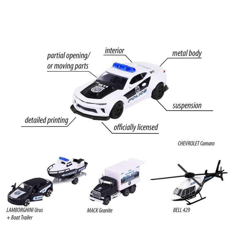 Majorette Police Force Gift Set Toy Vehicles, Die Cast Metal, Movable Parts, 7.5 cm Long Police Car Set of 5- Black and White For Kids 5-12 Years