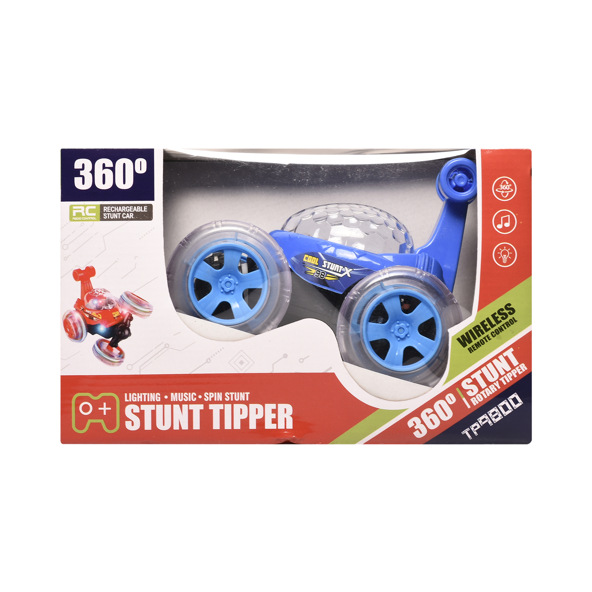 Rechargeable Remote Control Stunt Tipper RC Car Acrobatic 360 Degree Spiral Spin Twisting Stunt Car with Colorful Lights & Music Toys for Kids 5+Years (Blue)