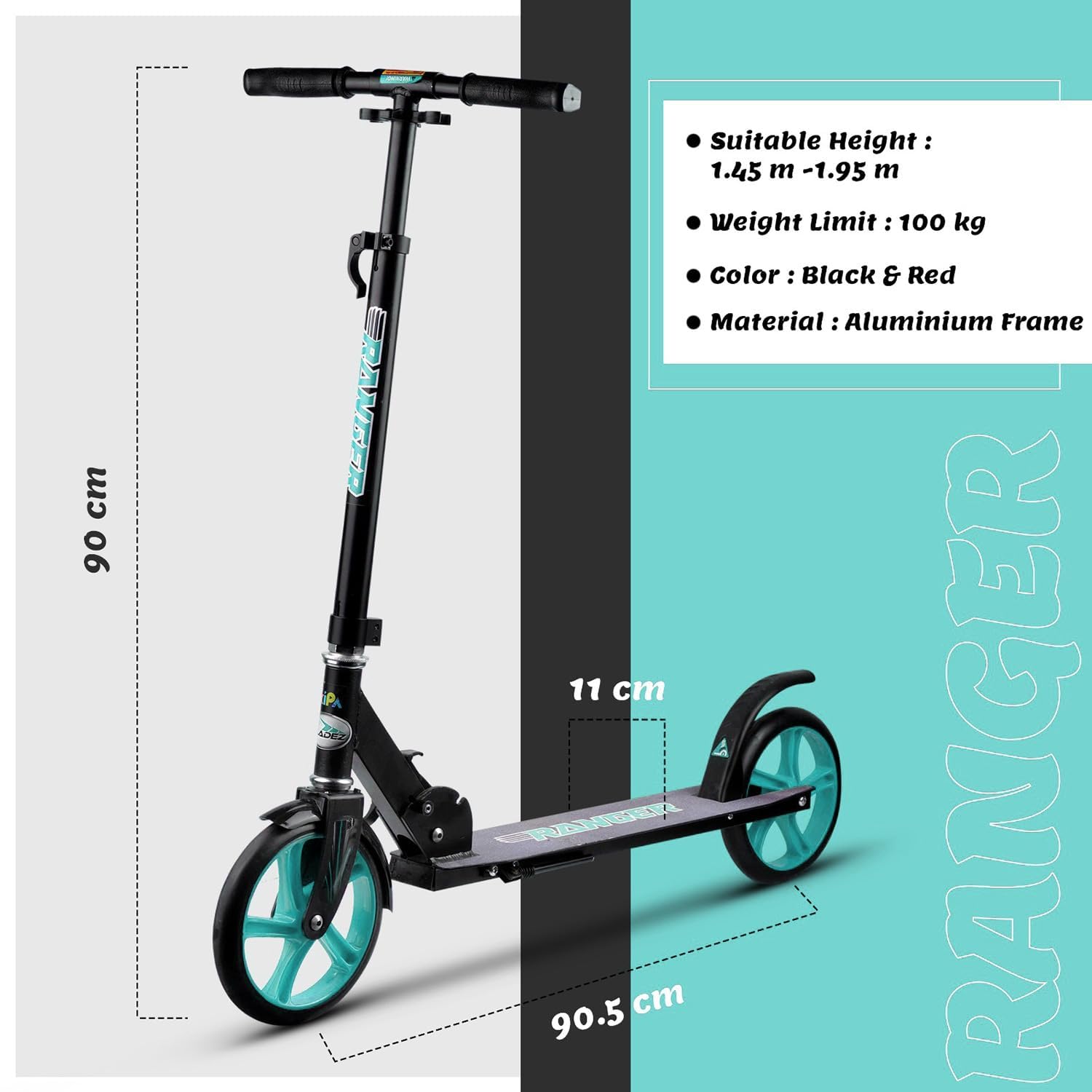 Braintastic Folding Kick Scooter Light Weight Made with Aeronautical Grade Aluminum Alloy with 3 Adjustment Levels Big 200 mm Wheels Scooters with Carry Strap for Kids